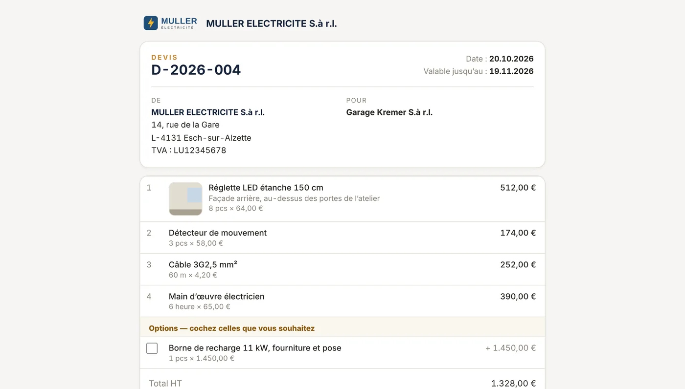 Page du devis telle que la voit le client, avec les options et la signature