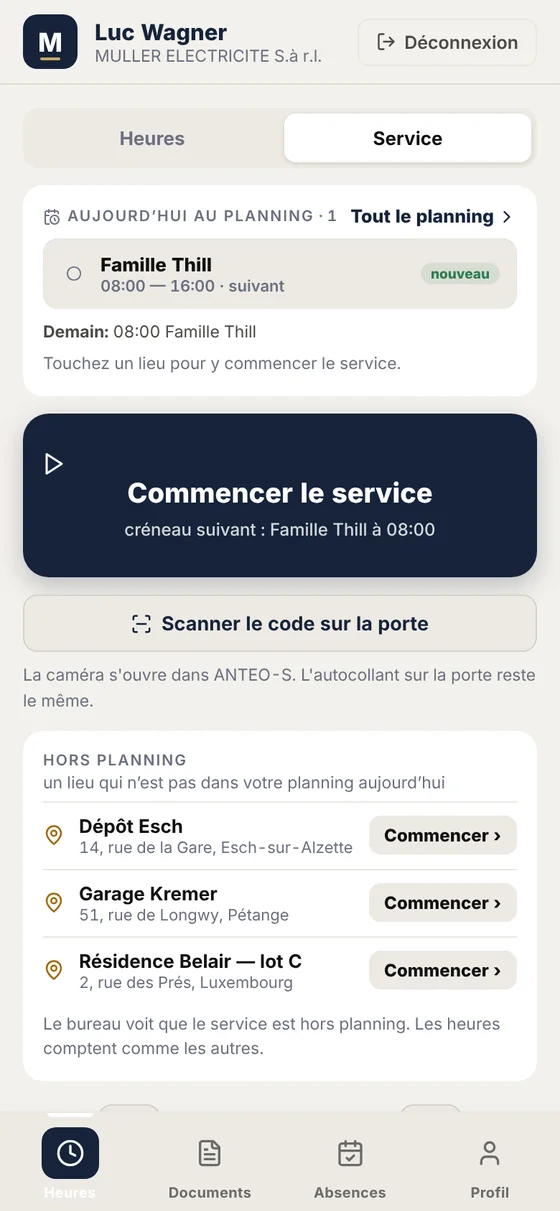 Téléphone d’un salarié : son créneau du jour et le bouton pour commencer le service