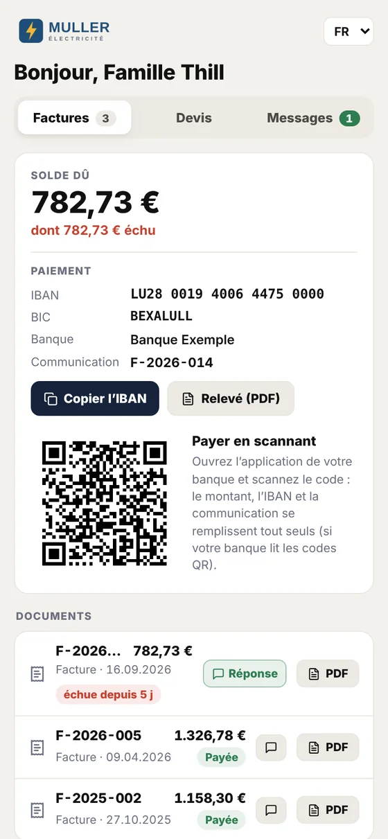 Espace client sur le téléphone : solde, factures et virement par code QR