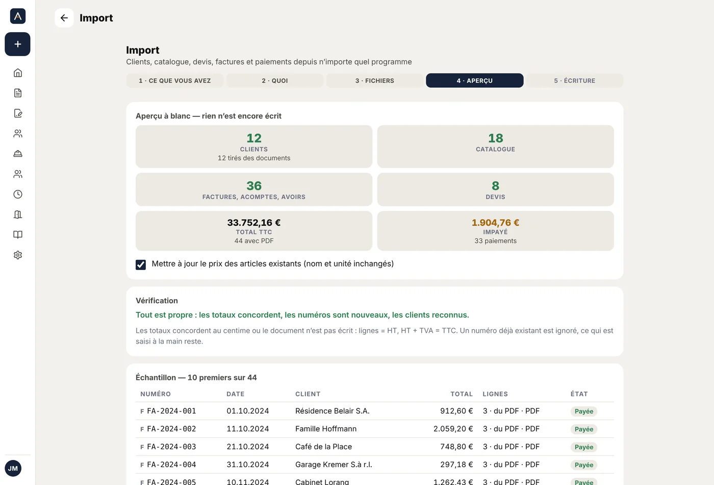 Aperçu d’import dans ANTEO-S : 12 clients, 18 articles, 36 factures, 8 devis, totaux vérifiés
