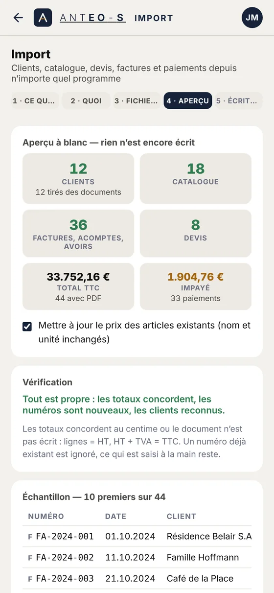 Aperçu d’import dans ANTEO-S : 12 clients, 18 articles, 36 factures, 8 devis, totaux vérifiés